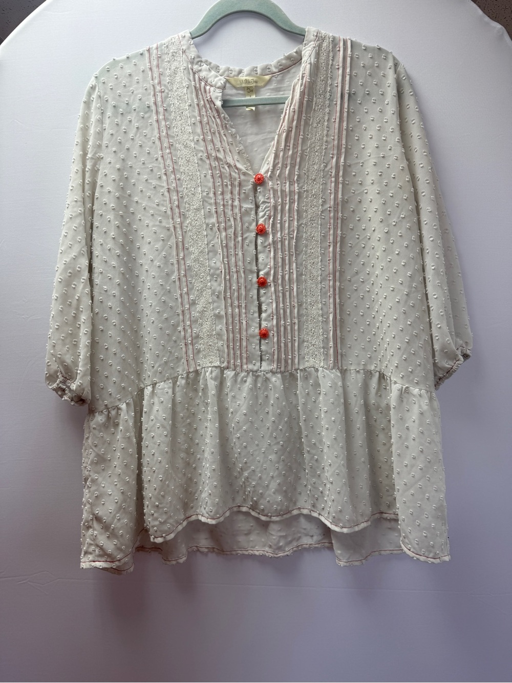 Matilda Jane Light Cream Swiss Dot Peplum Tunic with Coral Buttons